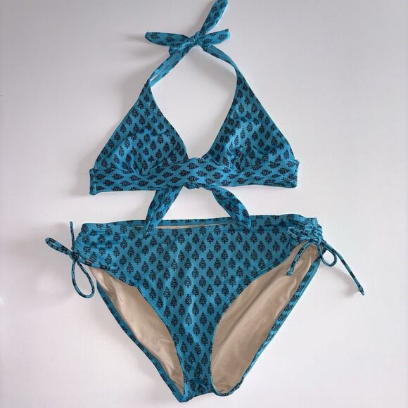 Victoria's Secret Y2K Blue Print Halter Bikini Swimsuit Size S/L Tie Sides - Picture 1 of 7